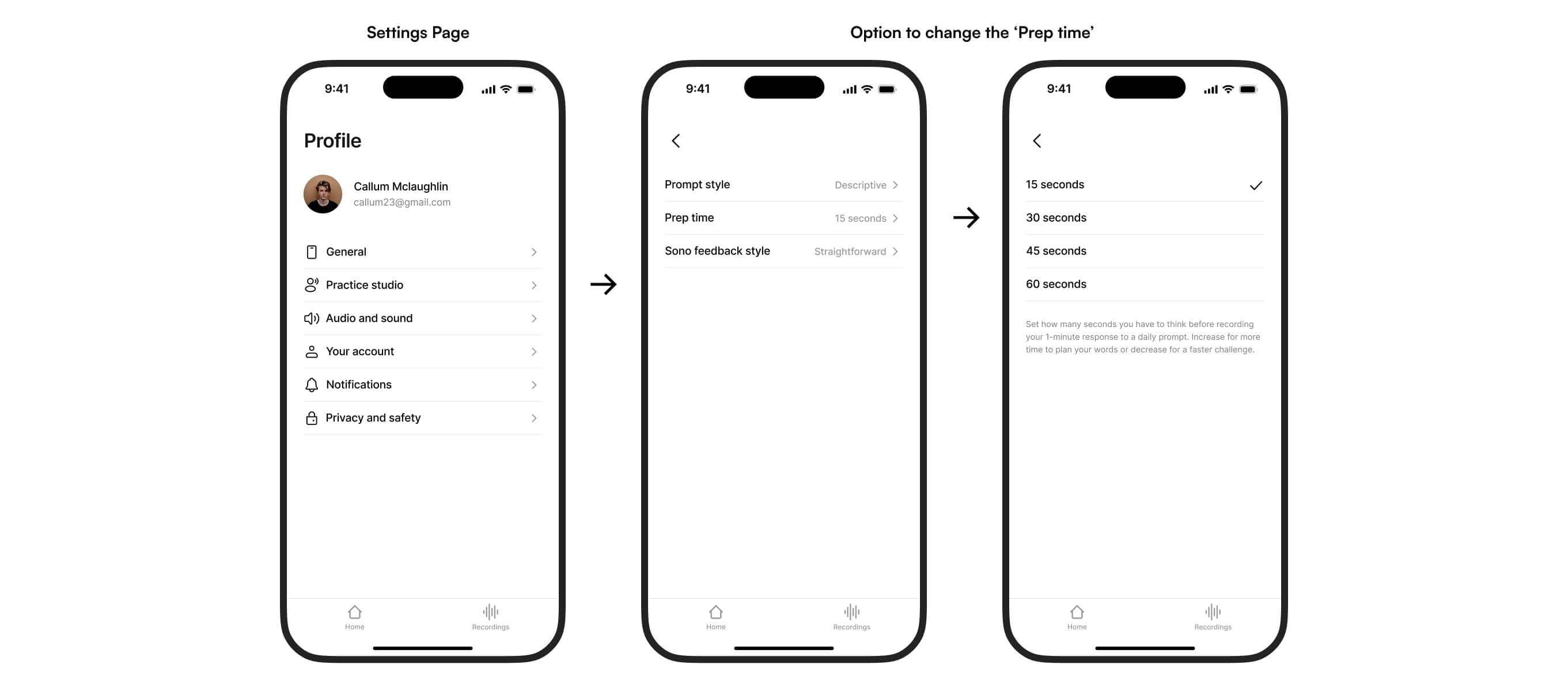 An image showing the user flow of changing the 'Prep time'