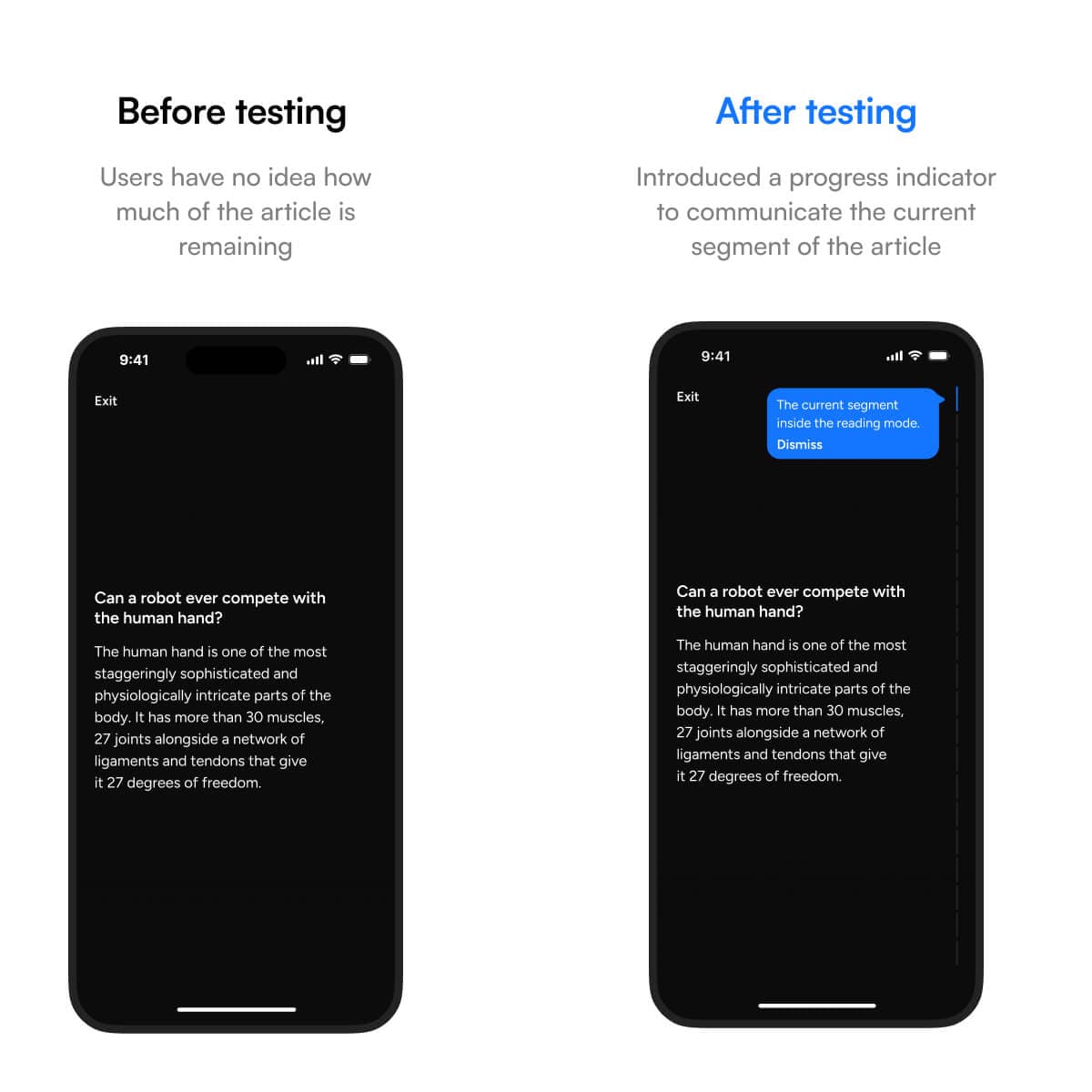 An image comparing the app UI 'Before testing' and 'After testing'