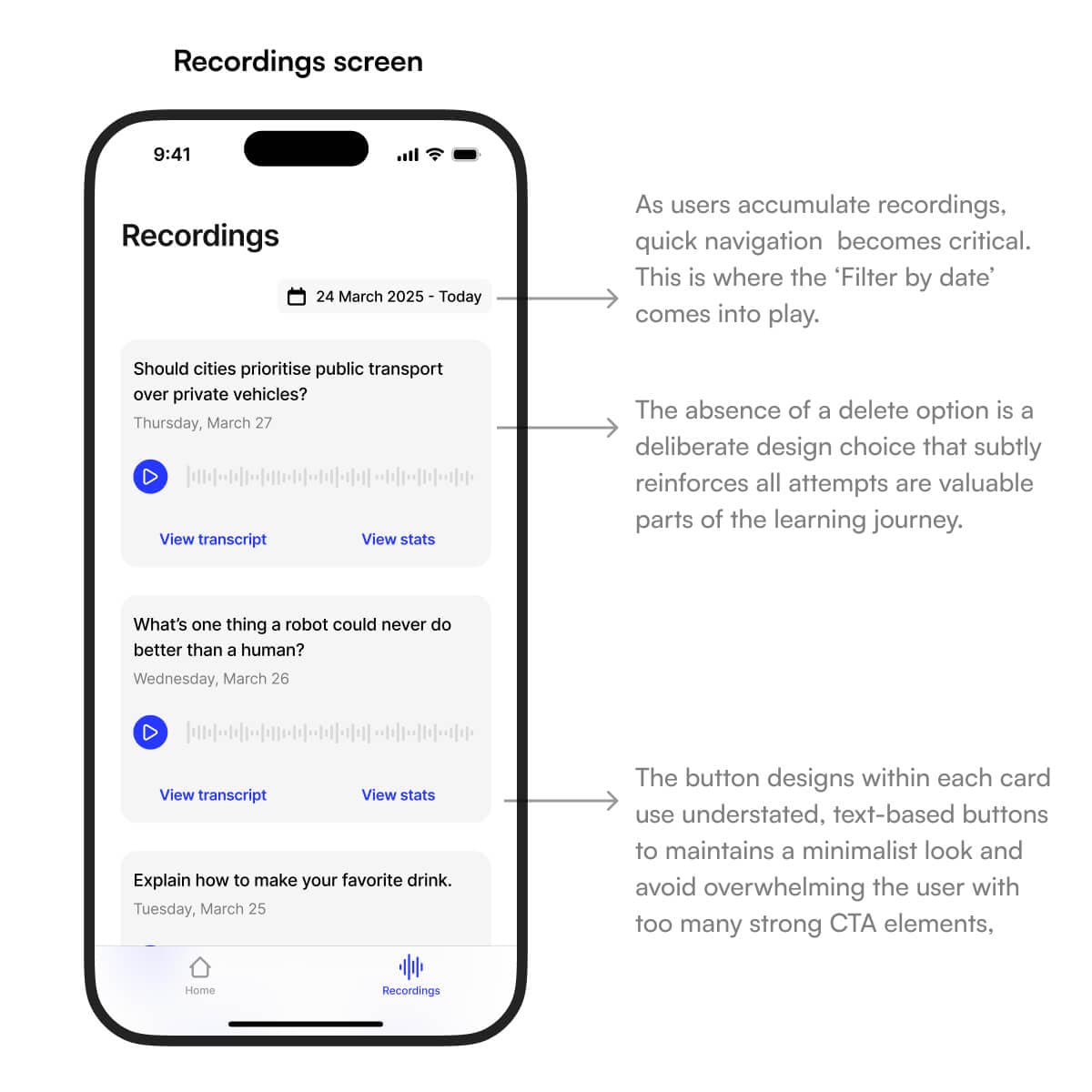 The 'Recordings' screen of Fluently